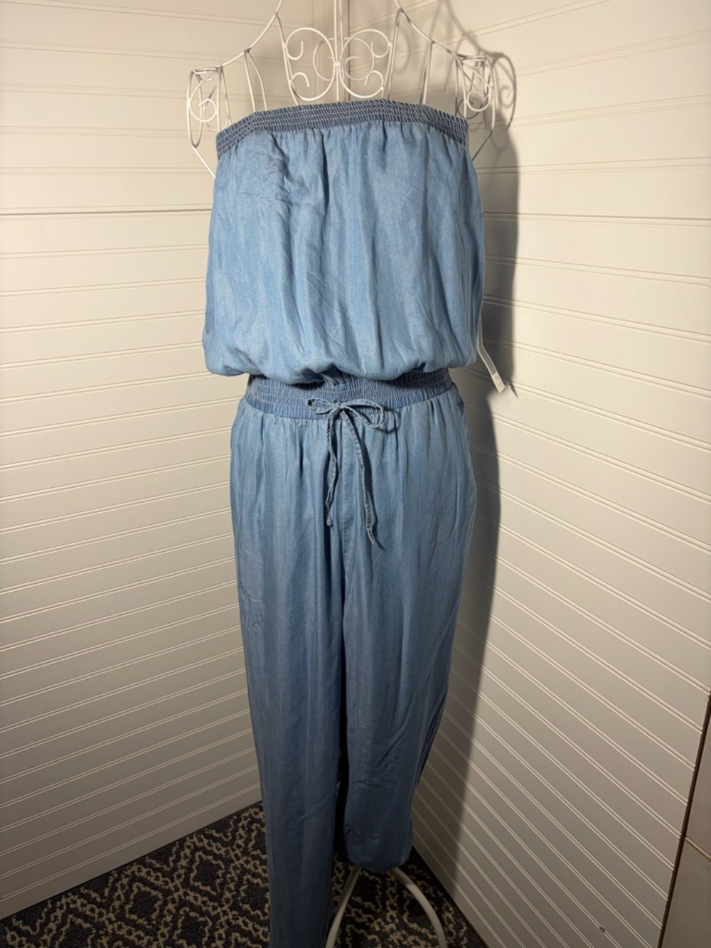 Light Blue Wash Strapless Smocked-Waist Jumpsuit
